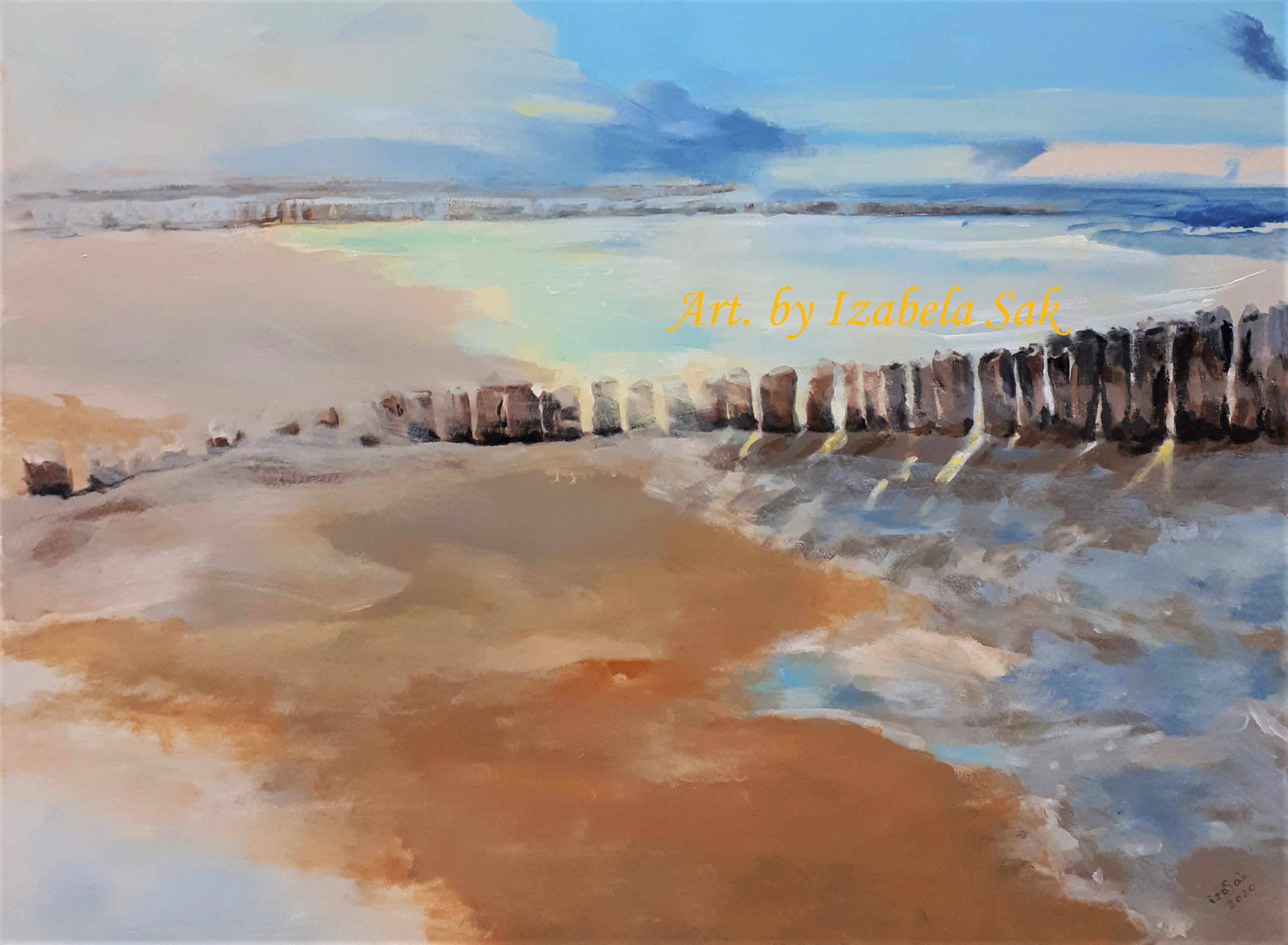 Obraz akrylowy na płótnie. Izabela Sak. Tytuł: Na plaży. Rok 2020. 60cm x 80cm.