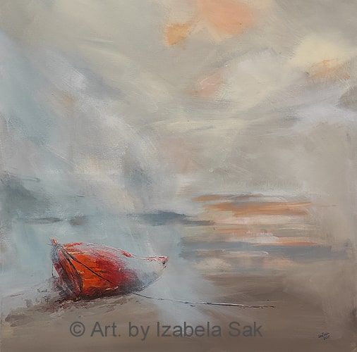 Obraz akrylowy na płótnie. Izabela Sak. Tytuł: Czerwona łódka. Rok 2021. 80cm x 80cm.