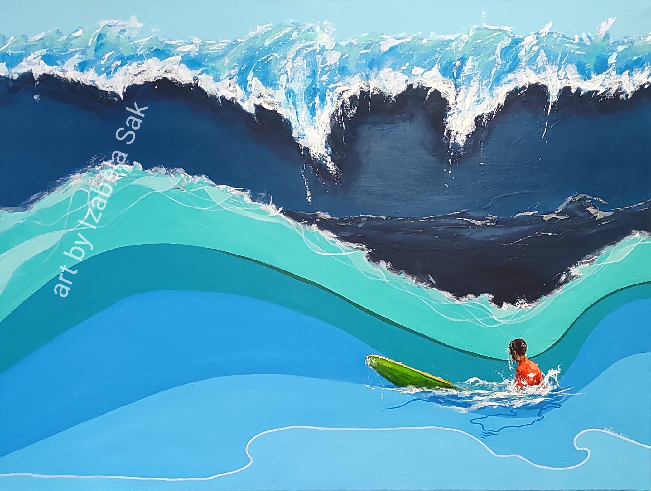 Obraz akrylowy na płótnie. Izabela Sak. Tytuł: Góra surfera. Rok 2021. 90cm x 120cm.