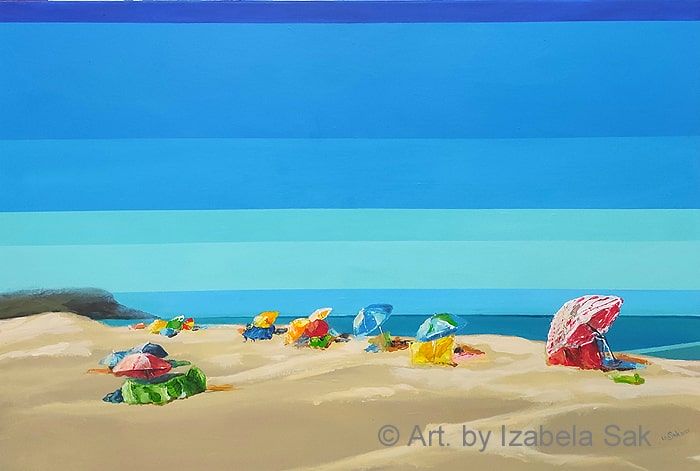 Obraz akrylowy na płótnie. Izabela Sak. Tytuł: Kolorowe parasolki. Rok 2021. 60cm x 90cm.