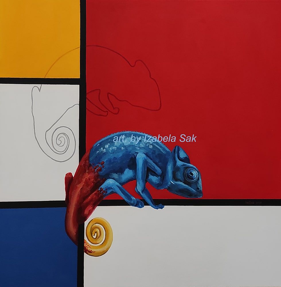 Obraz akrylowy na płótnie. Izabela Sak. Tytuł: Mondrian i kameleon. Rok 2021. 90cm x 90cm.
