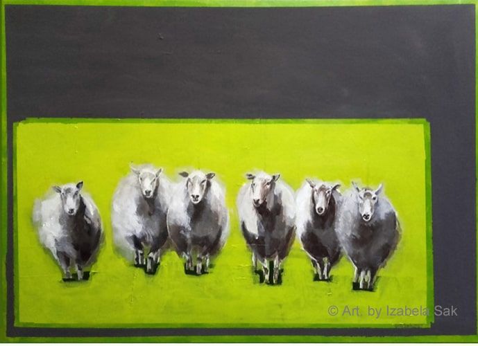 Obraz akrylowy na płótnie. Izabela Sak. Tytuł: Owce. Rok 2017. 50cm x 70cm.