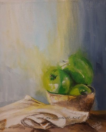 Obraz akrylowy na płótnie. Izabela Sak. Tytuł: Zielone jabłka. Rok 2018. 30cm x 24cm.