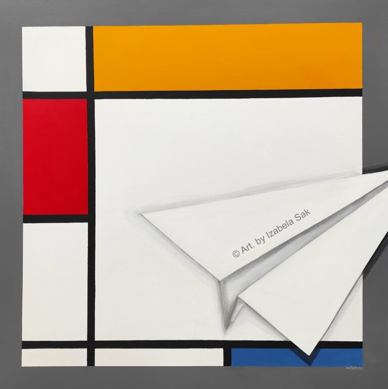 Obraz akrylowy na płótnie. Izabela Sak. Tytuł: Mondrian i origami, rok 2022, 80cm x 80cm