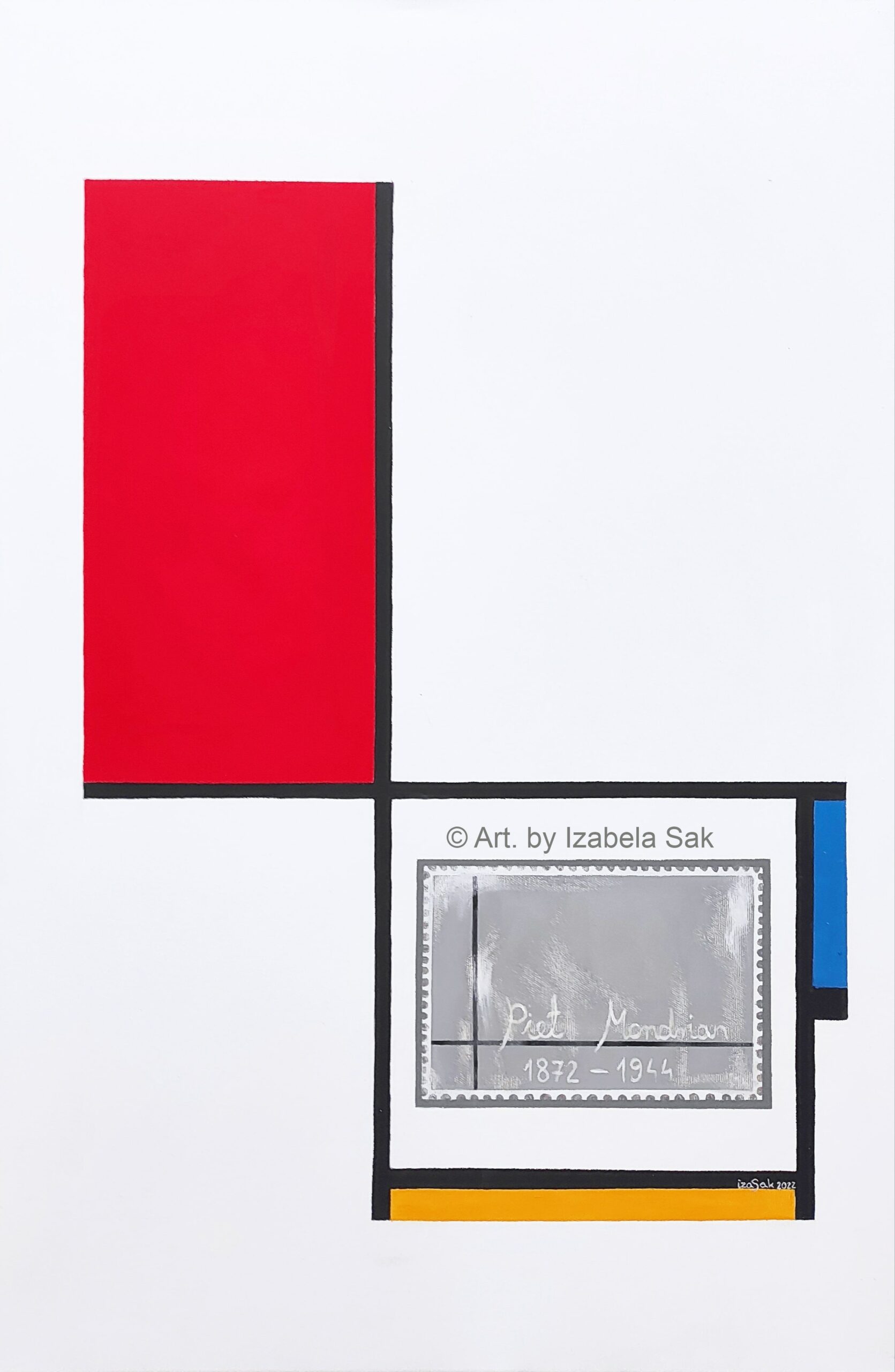Akryl na płótnie. "Mondrianowi na zawsze Izabela". Rok 2022. 90cm x 60cm. Cena: 1500zł