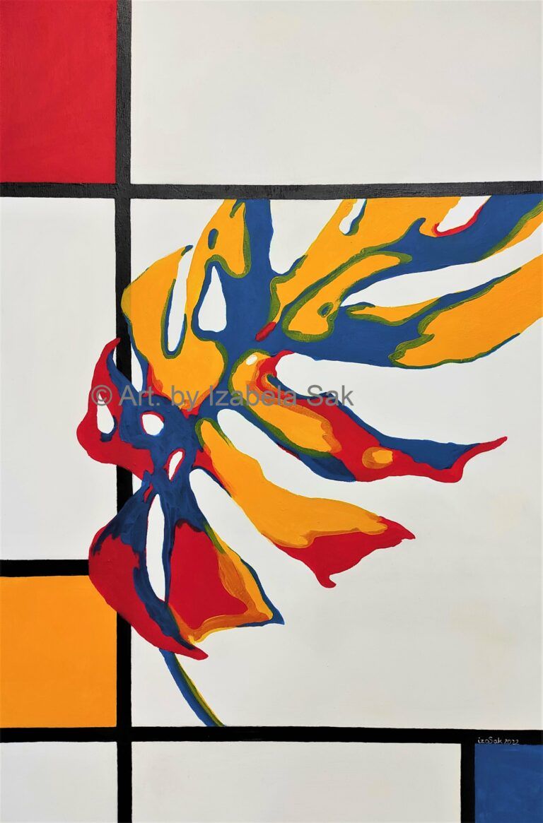 Obraz akrylowy na płótnie. Izabela Sak. Tytuł: Mondrian i liść monstery, Rok 2022, 90cm x 60cm